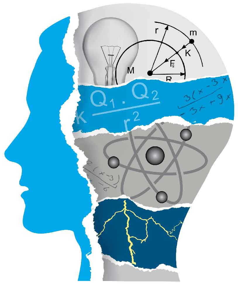 An illustrated side profile of a man that has science terminology and visuals on it
